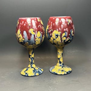 Very Unique One of a Kind Hand Painted Ceramic Wine Glass Sets