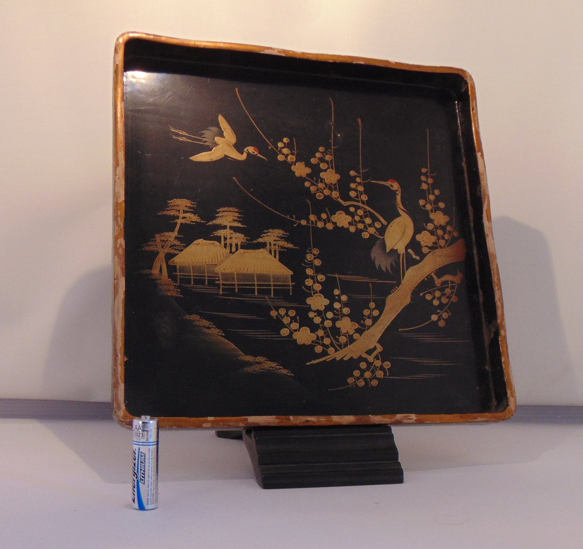 Japanese Black Ground Lacquer Tray Painted in Gold with Stork Etsy