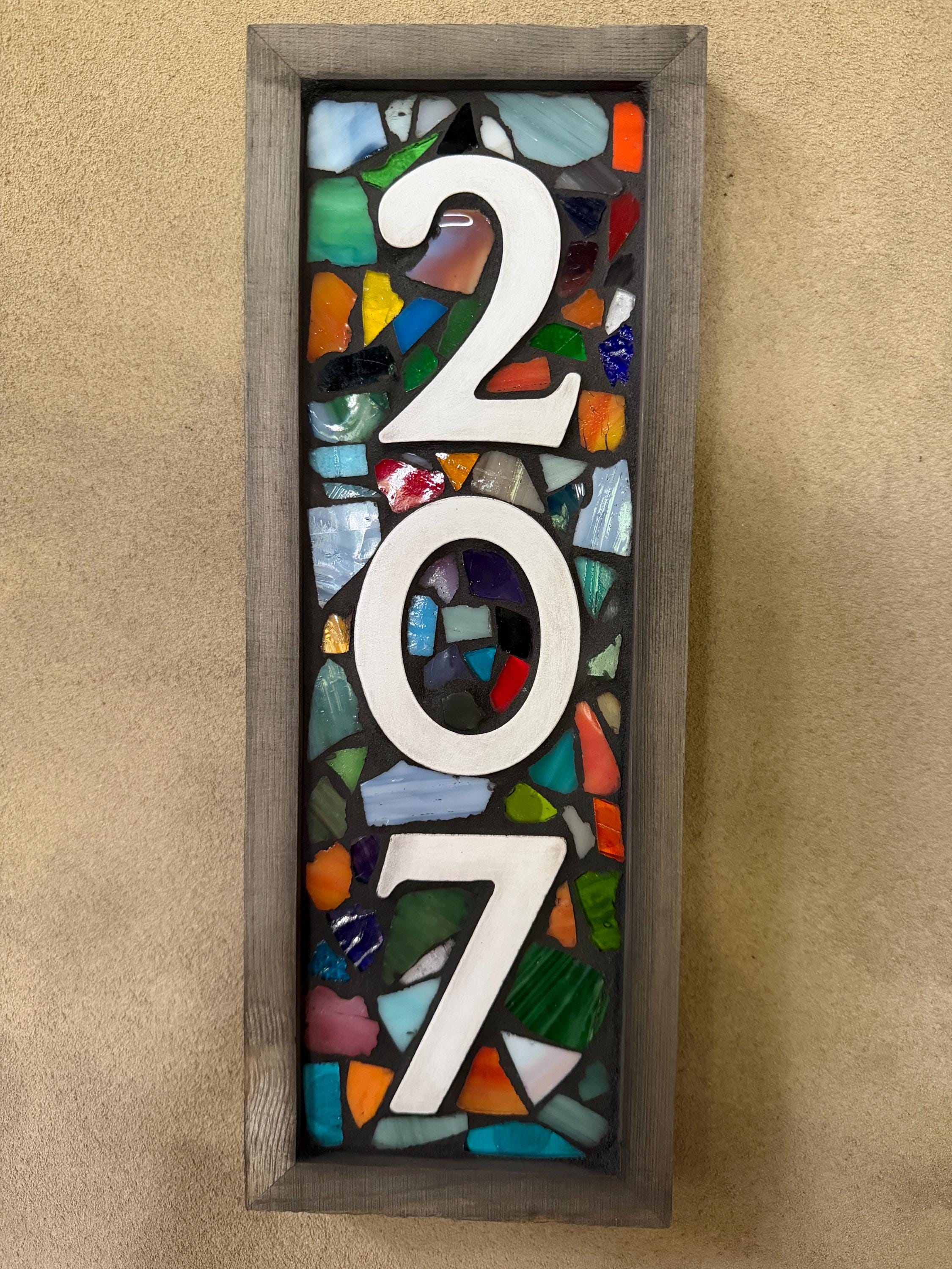 3 Digit Custom Mosaic House Number Plaque Framed Stained Glass Address Sign