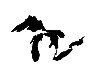May include: Black silhouette of the Great Lakes region of North America.