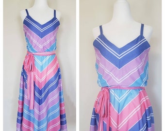 Vintage 1970s Dress 80s dress, Vintage Chevron print Dress, 70s Sundress, 80s Chevron striped Dress, Vintage Sundress, M