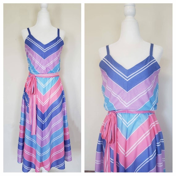 Vintage 70s Chevron Stripe Sundress - Positive Attitude - Size M
