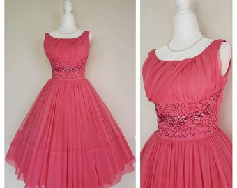 Vintage 1960s prom dress  60s Organza, beaded rhinestones prom dress, Early 60s Pink Prom dress, 50s style dress, 1960s formal Dress, S