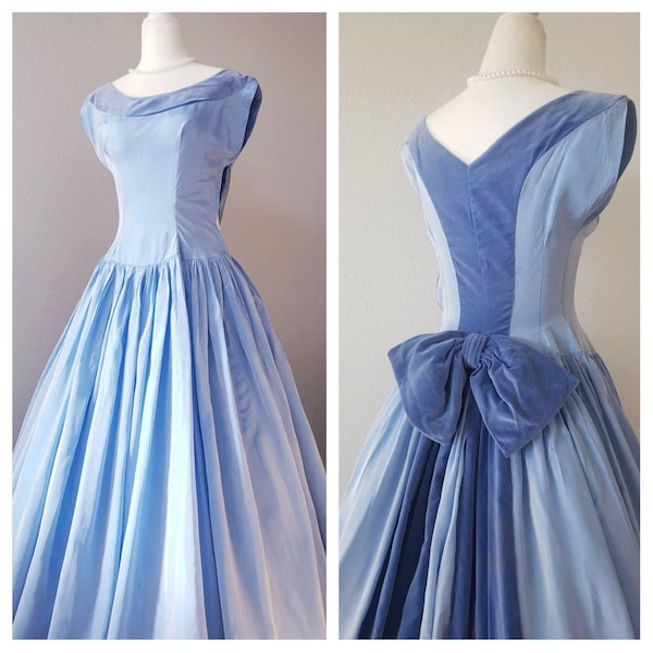 Vintage 1950s dress, 50s Ball  gown, 1950s Blue Sharkskin Tafetta and velvet Harry Keiser gown, 1950s Formal Dress, XS