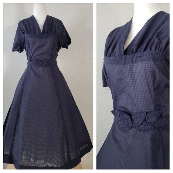 Vintage 1940s Dress, Sheer Gingham Dress, 40s Nav… - image 1