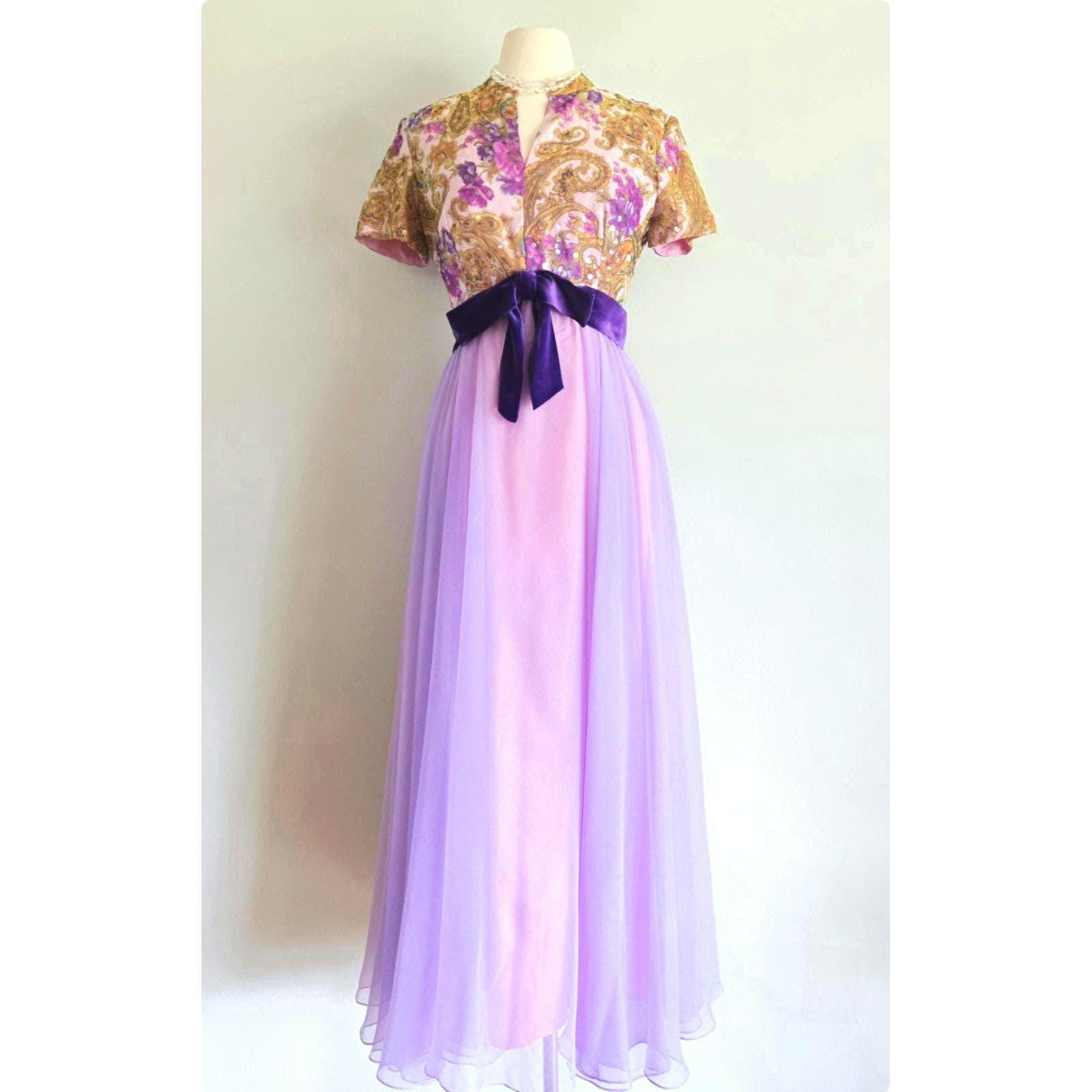 Vintage 1960s Lavender Chiffon Maxi Gown | Sequin Paisley Bodice & Velvet Bow | Fairytale Evening Dress, M