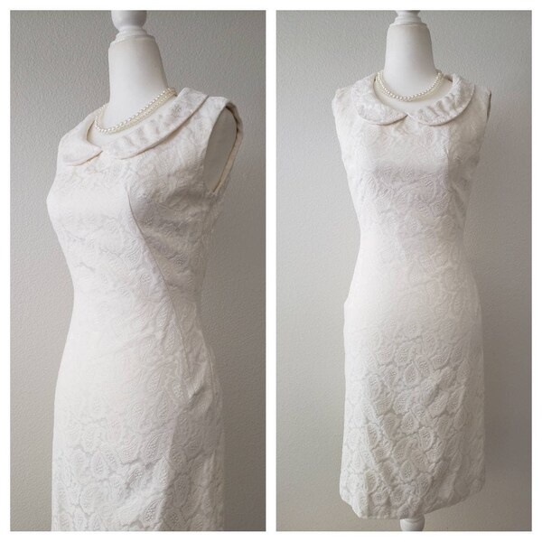 Vintage 1960s Dress, 60s Vintage Mod wiggle dress, 60s mod sheath dress, 1960s White Jacquard paisley wiggle dress