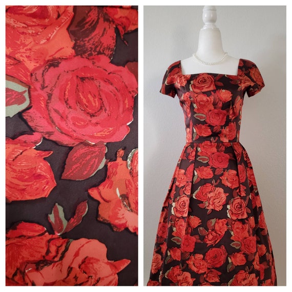 Vintage 1950s Dress,Vintage Roses Dress, Late 50s… - image 1