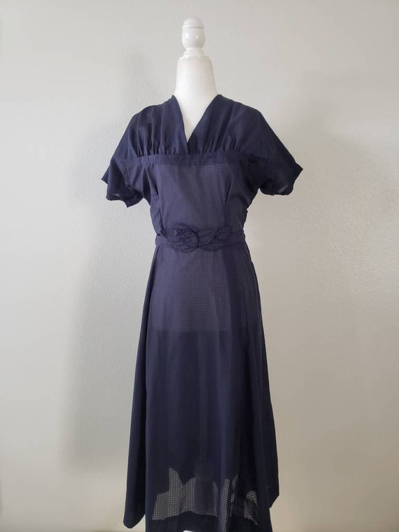 Vintage 1940s Dress, Sheer Gingham Dress, 40s Nav… - image 3