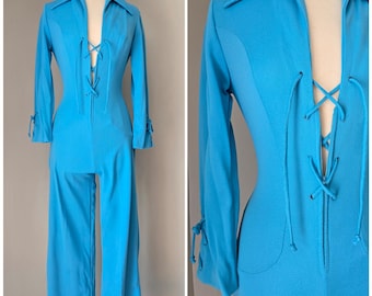 1970s Turquoise Lace-Up Collared Jumpsuit / Vintage 70s Polyester Tailored Flare One Piece / Fitted Boho Disco Jumpsuit / Front Zip