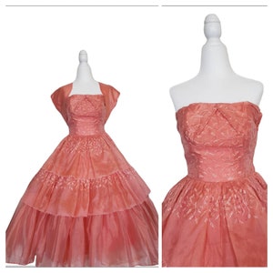 Vintage 1950s Dress,  1950s  Prom dress, 50s Cupcake Tiered Formal dress,  50s Coral Strapless prom dress with floral embroidery and bolero