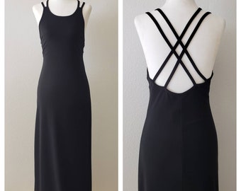 Vintage 90s Black Maxi Dress: Criss Cross Back Bodycon Gown