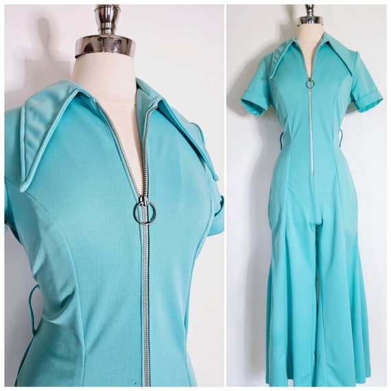 Vintage 1970s Jumpsuit, 70s Blue Jumpsuit, Dagger… - image 1