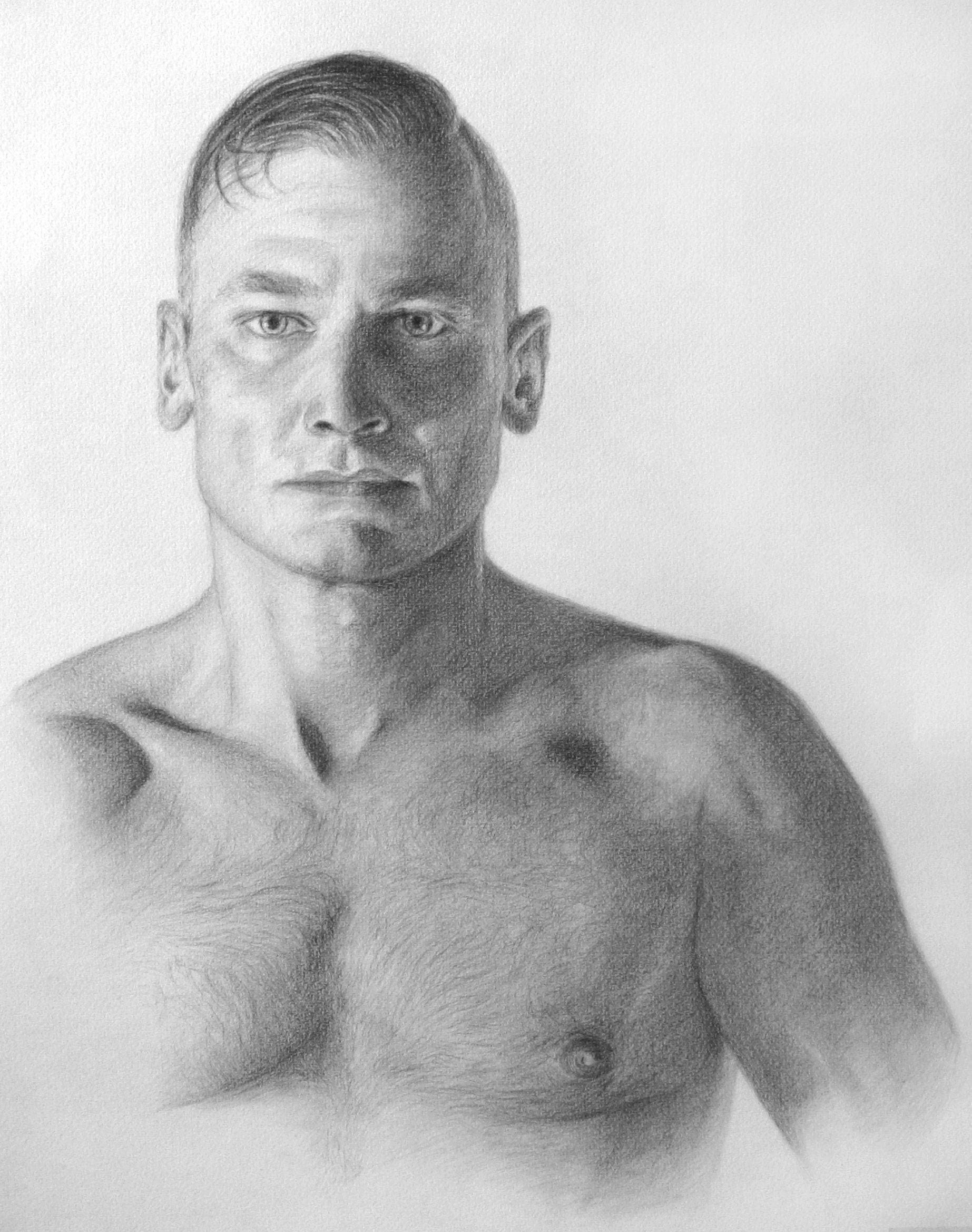 Xavier bare chest portrait, original artwork, graphite drawing