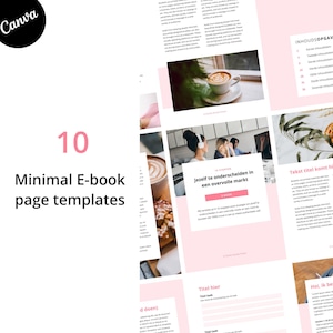 May include: A pink and white minimalist e-book page template with the text "10 Minimal E-book page templates" and "Jezelf te onderscheiden in een overvolle markt".