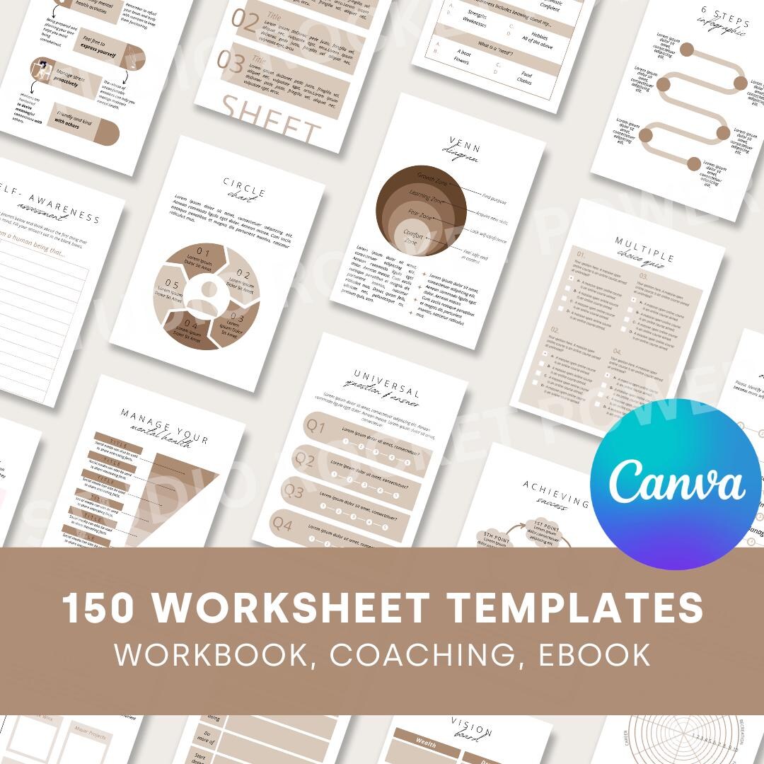 150 Coach Worksheet Template Canva for Therapists | Beige Workbook ...