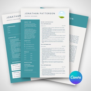 Simple Teal Green Resume Template for Canva, CV & Cover Letter