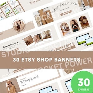 Könnte beinhalten: Eine Sammlung von 30 Etsy-Shop-Bannern in einem braunen und beigefarbenen Farbschema. Die Banner enthalten Text wie "What you sell", "Name of your shop", "Black Friday Sale" und "30 Banner".