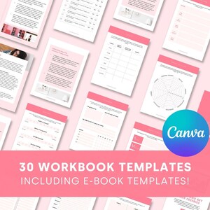May include: A collection of 30 pink and white printable workbook templates, including e-book templates. The text "30 WORKBOOK TEMPLATES INCLUDING E-BOOK TEMPLATES!" is displayed in a large, bold font.