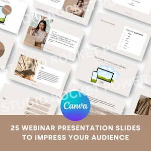 Könnte beinhalten: Ein Satz von 25 Webinar-Präsentationsfolien mit beigefarbenem Hintergrund und braunen Akzenten. Die Folien bieten eine Vielzahl von Layouts, darunter ein Inhaltsverzeichnis, eine Titelfolie und eine Folie mit einem Foto einer Frau, die an einem Laptop arbeitet. Die Folien sind so konzipiert, dass sie Ihnen helfen, Ihr Publikum zu beeindrucken.