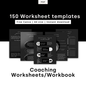 Op de afbeelding: Een zwart-witte afbeelding van 150 afdrukbare coaching-werkbladen en -werkboeken. De afbeelding toont een verscheidenheid aan sjablonen, waaronder een dagboek, een coachingproces, een Venn-diagram en een multiple-choice quiz. De tekst "150 Werkbladsjablonen" staat bovenaan de afbeelding, en de tekst "Coaching-werkbladen/werkboek" staat onderaan.