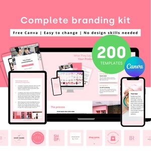 Op de afbeelding: Een roze en groene grafische ontwerp branding kit met 200 Canva-sjablonen. De kit bevat een laptop, tablet en telefoon mockup met verschillende branding elementen, waaronder logo's, social media graphics en een bedankkaart. De tekst "Complete branding kit" en "Free Canva | Easy to change | No design skills needed" wordt bovenaan de afbeelding weergegeven.