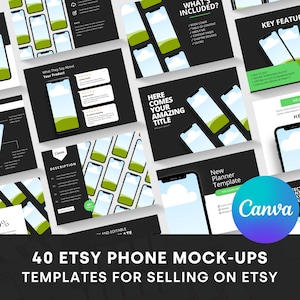 Op de afbeelding: 40 telefoonmock-up sjablonen voor Etsy-winkels. De sjablonen hebben een zwarte achtergrond met verschillende telefoonontwerpen, waaronder een telefoon met een groen landschap en een telefoon met een blauwe lucht en witte wolken. De tekst "HERE COMES YOUR AMAZING TITLE" wordt op een van de sjablonen weergegeven.
