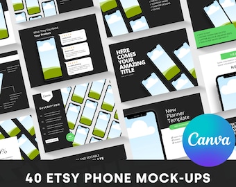 40 plantillas de maquetas móviles en blanco y negro | Plantillas editables de Canva | Plantilla de maqueta de listado de Etsy, maquetas de iPhone para Canva, tienda de Etsy