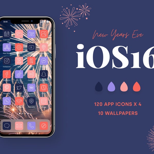 iOS 16 App Icons Pack New Years Theme | 120 iPhone Icons in 4 colors & 25 Wallpapers Festive New Years Eve