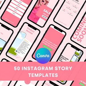 May include: A collection of 50 Instagram story templates for marketing. The templates are pink and black with white text. Some of the templates include text such as "Sale 50% off", "Product Review", "How to create a simple but effective marketing strategy that suits you", and "Coming Soon".