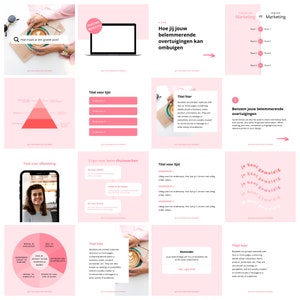 May include: Pink and white social media template with text in Dutch, including "Hoe maak je een goede post?" and "Nieuwe Website". The template includes a variety of images, including a laptop, a cup of coffee, a pyramid, and a person's face.