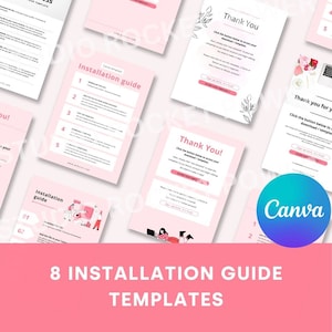 May include: A collection of eight pink Canva template installation guides and thank you pages. The guides feature numbered steps, illustrations, and the Canva logo. The text includes instructions and website addresses.