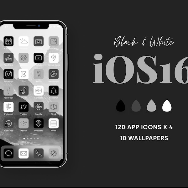 iOS 16 App Icons Pack Black White Theme | 120 white, gray and black iPhone Icons in 4 colors & 10 Wallpapers
