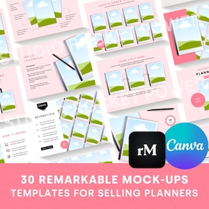 Op de afbeelding: Dertig Canva-mock-up-sjablonen voor het verkopen van planners. De sjablonen hebben een roze achtergrond met een groen landschap en een witte planner met wolken. De tekst "30 opmerkelijke mock-up-sjablonen voor het verkopen van planners" wordt onderaan de afbeelding weergegeven.