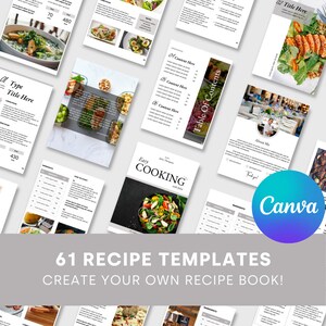 Op de afbeelding: Een verzameling van 61 recepttemplates om een ​​kookboek te maken. De templates hebben verschillende lay-outs en ontwerpen, waaronder een inhoudsopgave, een over mij-pagina en receptpagina's met ruimte voor ingrediënten, instructies en foto's. De tekst "61 RECEPTTEMPLATES" en "MAAK JE EIGEN KOOKBOEK!" wordt weergegeven in vetgedrukte, witte tekst op een grijze achtergrond.