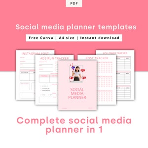Op de afbeelding: Een set printbare social media planner sjablonen in roze en wit. De sjablonen bevatten secties voor Instagram-berichten, advertentie-tracking, post-tracking en volger-tracking. De tekst "Complete social media planner in 1" staat onderaan de afbeelding.