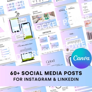 Op de afbeelding: Een verzameling van meer dan 60 social media post-sjablonen voor Instagram en LinkedIn. De sjablonen hebben verschillende kleuren en ontwerpen, waaronder roze, blauw en wit. De tekst op de sjablonen bevat zinnen als "Brand Brilliance", "The Wellness Way", "Infinite", "Grind", "FAQ" en "Tranquility".