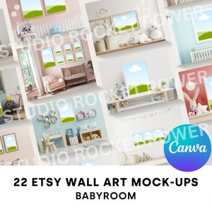 Op de afbeelding: Een set van 22 kinderkamer wandkunst mockups met verschillende ingelijste prints met groene landschappen en wolken. De mockups worden getoond in verschillende kinderkamer settings, met verschillende meubels en decoratie.