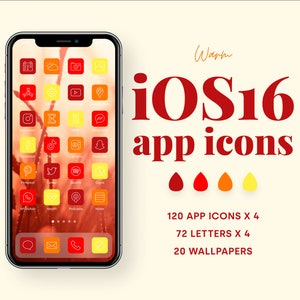 iOS 16 App Icons Pack Red Orange Yellow Theme | 120 warm iPhone Icons in 4 colors & 25 Aesthetic iPhone Wallpapers