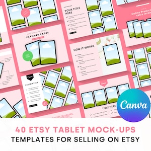 May include: 40 tablet mock-up templates for Etsy sellers. The templates feature a pink background with a tablet mockup in the center of each template. The tablets have a white screen and a black frame. The templates are designed to be used for selling digital products on Etsy.