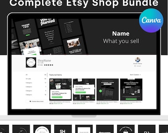 Complete Black White Etsy Shop Kit | Canva templates | Etsy shop Banner, Etsy listing template, Etsy shop icon & Receipt banner template