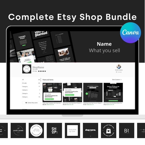Complete Black White Etsy Shop Kit | Canva templates | Etsy shop Banner, Etsy listing template, Etsy shop icon & Receipt banner template