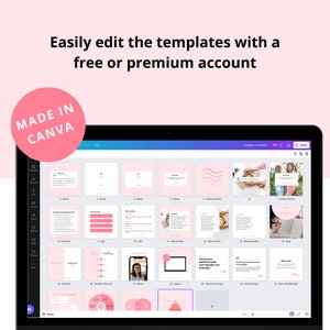May include: A screenshot of a Canva design template editor displaying a grid of Instagram post templates. The templates are pink and white and feature various designs, including quotes, checklists, and photos. The text "Made in Canva" is visible in the top left corner of the image.