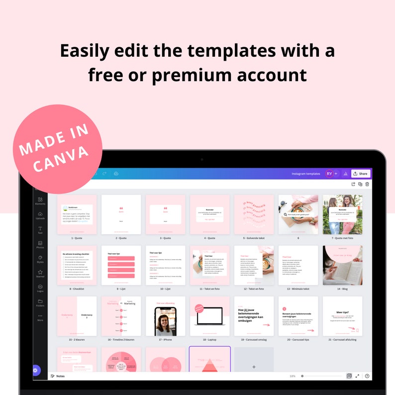 May include: A screenshot of a Canva design template editor displaying a grid of Instagram post templates. The templates are pink and white and feature various designs, including quotes, checklists, and photos. The text "Made in Canva" is visible in the top left corner of the image.