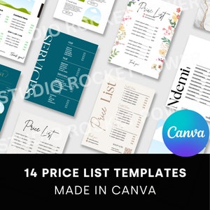 Op de afbeelding: Een verzameling van 14 prijslijst sjablonen gemaakt in Canva. De sjablonen hebben verschillende ontwerpen met bloemmotieven, minimalistische stijlen en een verscheidenheid aan kleurenpaletten. De tekst "14 PRIJSLIJST Sjablonen GEMAAKT IN CANVA" wordt onderaan de afbeelding weergegeven.