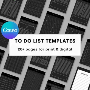 Modelo de lista de tarefas preto e branco | Mais de 20 páginas de lista de tarefas digital e modelo de lista de tarefas para impressão | Modelo Canva branco preto