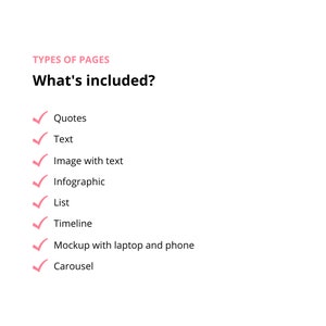 May include: A list of different types of pages that can be included in a website or online platform. The list includes quotes, text, images with text, infographics, lists, timelines, mockups with laptops and phones, and carousels.