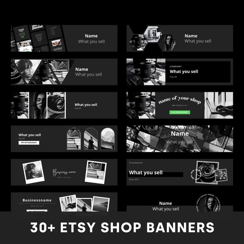 Complete Black White Etsy Shop Kit Canva Templates Etsy Shop Banner