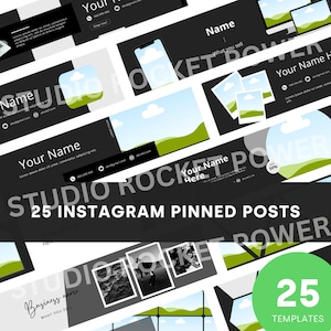 Op de afbeelding: Een set van 25 Instagram-vastgezette post-sjablonen met een zwart-wit kleurenschema. De sjablonen bevatten een verscheidenheid aan ontwerpen, waaronder een landschap met wolken en heuvels, een telefoon en een fotocollage. De tekst "STUDIO ROCKET POWER" wordt weergegeven in een groot lettertype.
