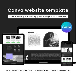Op de afbeelding: Een zwart-witte afbeelding van een website-sjabloon voor online bedrijven, coaches en dienstverleners. De sjabloon is ontworpen met Canva en heeft een eenvoudig, modern ontwerp met een zwart-wit kleurenschema. De tekst op de website-sjabloon luidt "Over mij", "Uw naam" en "ive."